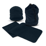 A navy beanie and scarf set, packaged in a matching drawstring bag, made from soft fleece material.