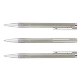 A silver Lamy Logo pen and pencil set arranged horizontally, featuring sleek metal designs and a branding logo. A silver Lamy Logo pen and pencil set arranged horizontally, featuring sleek metal designs and a branding logo.