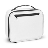 A white cooler bag with a black zippered pocket and handle, featuring a logo on one side. A white cooler bag with a black zippered pocket and handle, featuring a logo on one side.