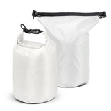 A 10L dry bag in white, featuring a roll-top closure and a black strap. Includes a second smaller bag. A 10L dry bag in white, featuring a roll-top closure and a black strap. Includes a second smaller bag.