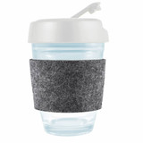 A reusable coffee cup with a clear body, white flip lid, and a grey felt band for grip. A reusable coffee cup with a clear body, white flip lid, and a grey felt band for grip.