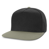 A flat peak cap in black with a green underbrim, featuring a logo on the front. A flat peak cap in black with a green underbrim, featuring a logo on the front.