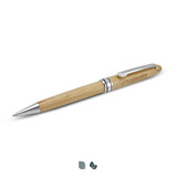 A wooden pen with a sleek design featuring silver accents and a logo. The pen has a natural wood finish. A wooden pen with a sleek design featuring silver accents and a logo. The pen has a natural wood finish.