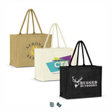 Three jute tote bags in different colours: tan, cream, and black, each featuring distinct logos.