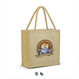 A beige tote bag with sturdy handles features a graphic of a coffee cup and pastries, complete with a logo.