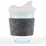 A reusable coffee cup with a clear body, white snap lid, and a grey felt band for insulation. A reusable coffee cup with a clear body, white snap lid, and a grey felt band for insulation.