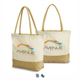 A natural-coloured tote bag with a jute bottom and handles, featuring a logo on the front. A natural-coloured tote bag with a jute bottom and handles, featuring a logo on the front.