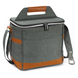 A green cooler bag with a tan strap and handle, featuring a zippered top and a side bottle opener. A green cooler bag with a tan strap and handle, featuring a zippered top and a side bottle opener.