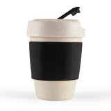 A reusable coffee cup in a light beige with a black silicone band and black lid; features a logo. A reusable coffee cup in a light beige with a black silicone band and black lid; features a logo.