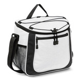 A cooler bag in grey with black accents, featuring zippers and a mesh pocket, plus a handle and adjustable strap. A cooler bag in grey with black accents, featuring zippers and a mesh pocket, plus a handle and adjustable strap.