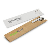 A cardboard pen sleeve in brown with a white pen, featuring a logo on the sleeve.