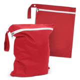 A red wet bag with a zippered closure, accompanied by a flat zippered pouch of the same colour. A red wet bag with a zippered closure, accompanied by a flat zippered pouch of the same colour.