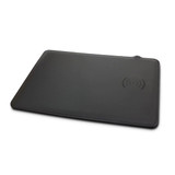 A black wireless charging mouse mat with a subtle logo, designed for charging devices. A black wireless charging mouse mat with a subtle logo, designed for charging devices.