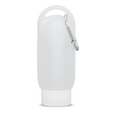 A translucent white gel hand sanitiser bottle with a carabiner clip attached. A translucent white gel hand sanitiser bottle with a carabiner clip attached.
