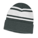 A green and white beanie featuring horizontal stripes and a fold-over cuff. Contains a logo. A green and white beanie featuring horizontal stripes and a fold-over cuff. Contains a logo.