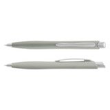 A green plastic pen with a silver clip and accents, featuring a smooth, modern design. A green plastic pen with a silver clip and accents, featuring a smooth, modern design.