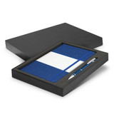 A blue notebook and pen set in a black gift box, featuring a logo on the pen. A blue notebook and pen set in a black gift box, featuring a logo on the pen.