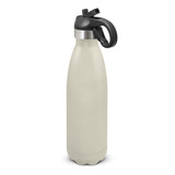 A drink bottle in a light grey finish features a black flip lid and a handle. It has a sleek, curved design and a logo. A drink bottle in a light grey finish features a black flip lid and a handle. It has a sleek, curved design and a logo.