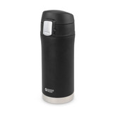 A drink bottle in matte black with a silver base, featuring a push-button lid and branding on the side. A drink bottle in matte black with a silver base, featuring a push-button lid and branding on the side.
