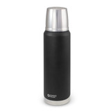 A drink bottle in matte black with a silver stainless steel cap, featuring a logo at the base. A drink bottle in matte black with a silver stainless steel cap, featuring a logo at the base.