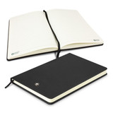 A black A5 notebook with lined pages and a ribbon bookmark, featuring a logo on the cover. A black A5 notebook with lined pages and a ribbon bookmark, featuring a logo on the cover.