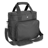 A black cooler bag with a top handle, adjustable shoulder strap, and a front pocket, featuring a logo. A black cooler bag with a top handle, adjustable shoulder strap, and a front pocket, featuring a logo.