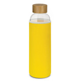A drink bottle with a glass body, yellow neoprene sleeve, and a bamboo lid. It features a logo.