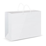 An extra large laminated paper carry bag in white with rope handles and a simple design. An extra large laminated paper carry bag in white with rope handles and a simple design.