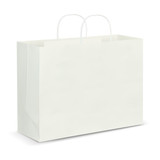 A large, cream-coloured paper carry bag with rope handles and a plain design. It features branding. A large, cream-coloured paper carry bag with rope handles and a plain design. It features branding.
