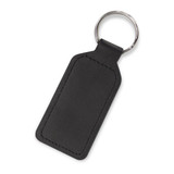A black leather key ring in a rectangular shape, featuring a metal keyring attachment. A black leather key ring in a rectangular shape, featuring a metal keyring attachment.