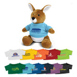 A plush kangaroo toy with brown fur, wearing a blue shirt, surrounded by various coloured t-shirts.