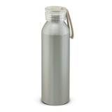 A drink bottle in a sleek silver finish with a clear lid and handle, featuring a logo on the side. A drink bottle in a sleek silver finish with a clear lid and handle, featuring a logo on the side.