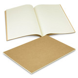 A large beige notebook with lined pages, open to show the interior, resting on a flat surface. A large beige notebook with lined pages, open to show the interior, resting on a flat surface.