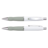A metal pen with a white barrel and a green rubber grip, featuring a silver clip and accents. A metal pen with a white barrel and a green rubber grip, featuring a silver clip and accents.