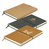 Three soft cover notebooks in brown and green, featuring various logos and elastic bands for closure. Three soft cover notebooks in brown and green, featuring various logos and elastic bands for closure.