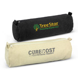 Two cylindrical pencil cases are displayed: one in black with a logo and one in cream with a logo.