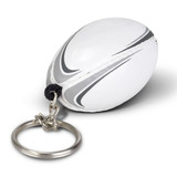 A rugby ball key ring in white with grey detailing, featuring a metal keyring attachment. A rugby ball key ring in white with grey detailing, featuring a metal keyring attachment.