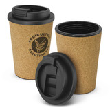 A drink bottle with a cork exterior and black lid, featuring a logo on the front. Two cups are displayed. A drink bottle with a cork exterior and black lid, featuring a logo on the front. Two cups are displayed.