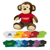 A brown plush monkey toy wearing a red shirt with a logo, surrounded by various coloured miniature shirts.