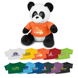 A plush panda toy dressed in an orange shirt, with black and white fur, sitting against a white background.