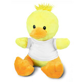 A yellow duck plush toy with an orange beak and feet, wearing a plain white shirt.