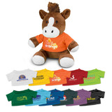 A brown horse plush toy wearing an orange T-shirt with a logo, surrounded by various miniature T-shirts in different colours.