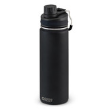 A drink bottle in matte black with a screw-top lid and a metal clip. Features a logo on its side.