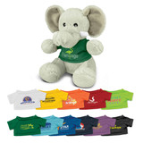 A grey elephant plush toy wearing a green shirt, with assorted colourful shirts displayed below.