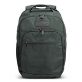 A green backpack with multiple zippered pockets and a logo. The design features a sturdy handle on top. A green backpack with multiple zippered pockets and a logo. The design features a sturdy handle on top.