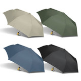 A compact umbrella set featuring four colours: beige, green, blue, and black, each with a logo.