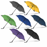 A range of BLUNT Classic Umbrellas in grey, yellow, green, blue, dark blue, purple, and black, featuring a logo.