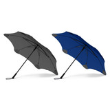 A pair of BLUNT Exec Umbrellas in grey and navy blue, featuring a sleek design and branding.