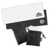 A set of cooling towels in white and dark grey, packaged in black pouches, featuring logos on the towels. A set of cooling towels in white and dark grey, packaged in black pouches, featuring logos on the towels.