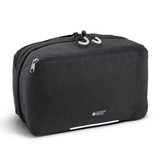 A grey toiletry bag with dual zippers and a logo, featuring a sleek and compact design. A grey toiletry bag with dual zippers and a logo, featuring a sleek and compact design.